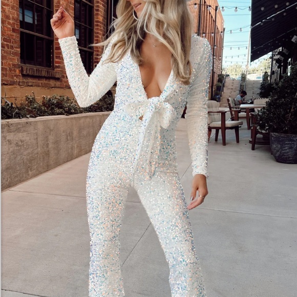 XXL White Sequin Martina Jumpsuit - Picture 3 of 8